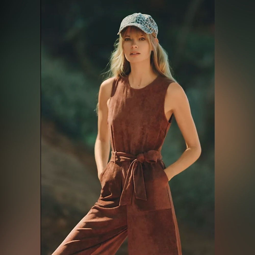 Anthropologie Faux Suede Jumpsuit Sz M Brown Tie Belt Wide Leg Pockets Sleeveles